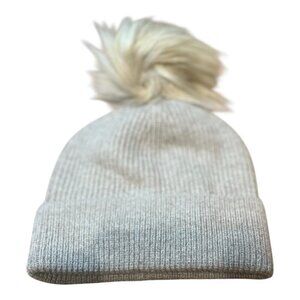 SASSO + SMYTH Ribbed Cuff Faux Fur Pom Beanie in Taupe #F42HS500 NWT